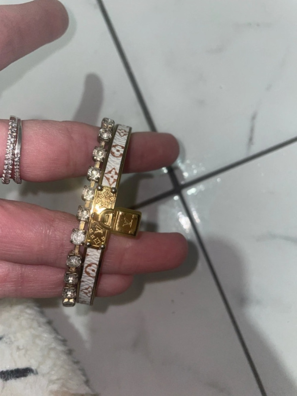 Gold and White Crystal Accent Women's monogram Bracelet Set